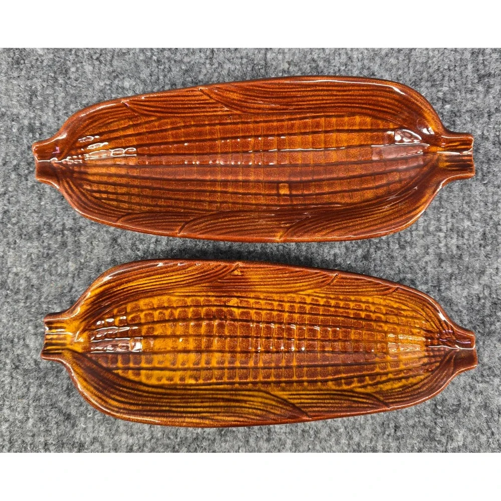 4 Vtg California Pottery USA Corn on the Cob Trays Brown Drip Glaze Ceramic 70s